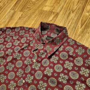 Vintage 90s Structure Shirt Men Medium Burgundy Geometric Medallion Long Sleeve